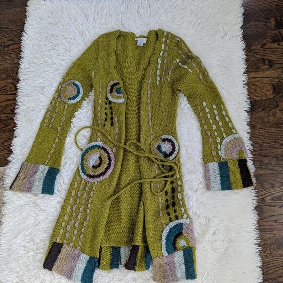 Women's Felicity Citron Green Floral Embroidered Wool Blend Duster Small Art - Picture 4 of 4